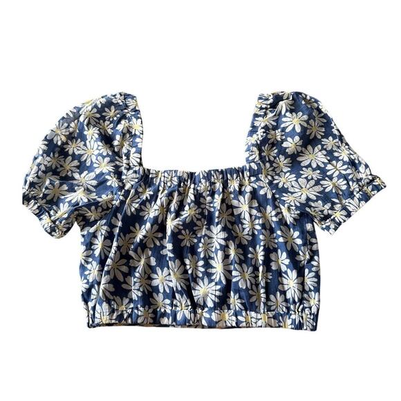 American Eagle Womens Daisy Floral Crop Bubble Top Sz Medium Puff Short Sleeve - Picture 3 of 8